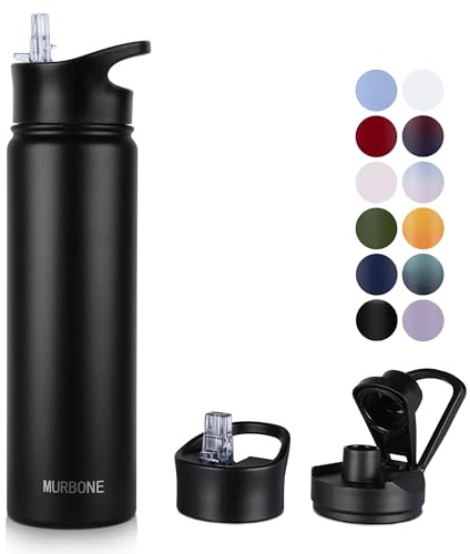 MURBONE Insulated Water Bottle, 750ml Stainless Steel Drink Flask with Straw, BPA Free, 2 Lids (Straw Lid and Spout Lid), Leakproof Double Walled Vacuum Water Bottle, Black