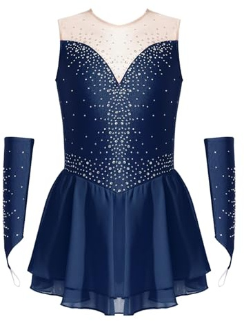 Kvysinly Brillante Chica Patinaje Artístico Vestido De Baile Con Guantes Sin Mangas Ballet Ropa Con Rhinestone Concurso Traje