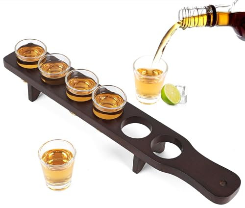 NIUBEST Shot Glasses Serving Set of 6 Tequila Shot Glasses and Serving Tray,Clear Shot Glass Holder Set for Party, Bar, Club, Cocktail （Dark Walnut）