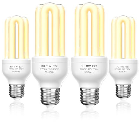 Lustaled Energy Saving Light Bulbs Screw in, 11W E27 Screw Bulb Warm White 2700K, ES CFL Energy Saver Low Energy Light Bulbs 3U Stick Lamp, 220-240V, Non-dimmable, 4-Pack