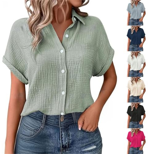 Women Cap Sleeve T-Shirts Button V Neck Tunic Tops Lounge Baggy Solid Plain Casual Shirts Trendy Blouse Plus Size Lightweight Breathe Summer Tshirt Short Sleeve Cotton Linen Tops Womens Office Shirt