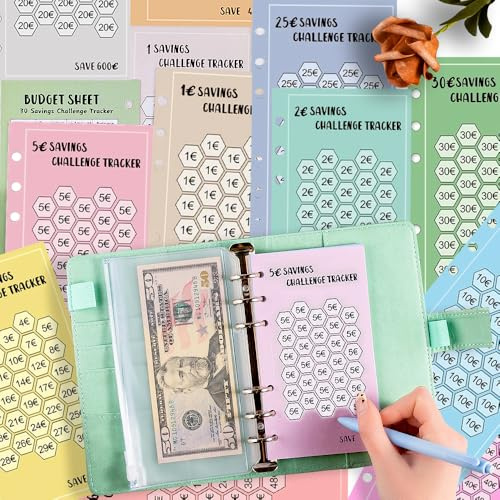 48 Blatt A6 Binder Budget Planner Zubehör 100 Envelope Challenge Haushaltsbuch Geld Sparen Mappe Sparchallenge Budgetplaner Umschlagmethode Sparbuch für Geld 5000 Euro Finanzplaner Haushaltsplaner