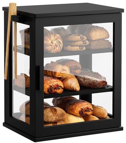 WOWLIVE Black Bread Box for Kitchen Countertop, Large 3 Layers Bread Storage Container for Homemade Bread with Window, Farmhouse Breadbox Organizer for Kitchen, Cabinet, Pantry (Black, Meduim)