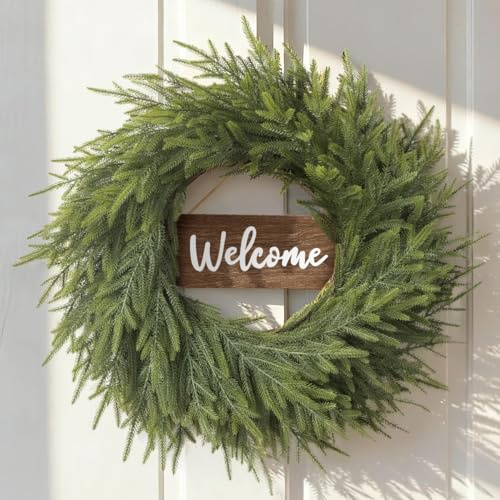 Yilobi 24 Inch Winter Wreath for Front Door: Real Touch Norfolk Pine Wreath with Welcome Wooden Sign - Christmas Large Artificial Green Wreath for Outdoor Indoor Wall Porch Windows Fireplace Decor