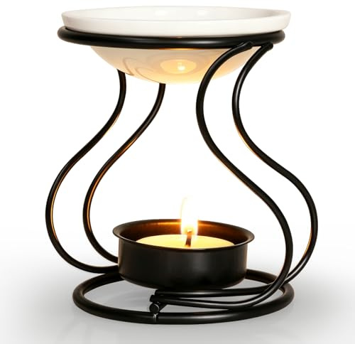 Metal Essential Oil Burner, GeeRic Wax Melt Burner Essential Oil Burner with Ceramic Bowl, Decorative Aroma Diffuser Wax Burner Tealight Candle Holder Burner (Black Curved)