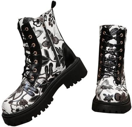 Stivale da donna con tacco alto alla caviglia confortevole stampa cerniera lacci delle scarpe punta rotonda tacco alto stivaletti, bianco, 36 EU