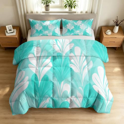 Modern nordisk design täcke 240 x 260 cm växter blad linjer mönster, 4 säsonger täcken, täcke användbar utan överdrag, hudvänlig och mjuk året runt täcke med 2 örngott