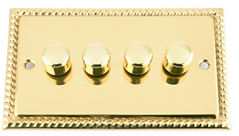 Light Dimmer Switch 4 Gang - Push On/Off 400W - Polished Brass - Georgian - 4 Gang 2 Way 10 Amp