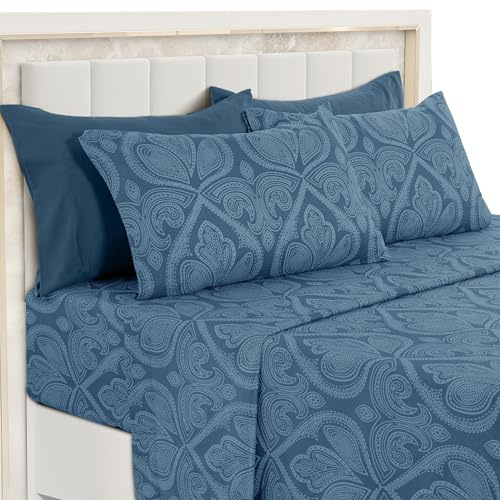 Ultra Soft Wrinkle-Free Microfiber Paisley Queen Sheet Set, Cute Floral Pattern Boho Print – 16 Deep Pocket Fitted Sheet, Flat Sheet & 4 Pillowcases, Breathable, OEKO-TEX - Navy Blue