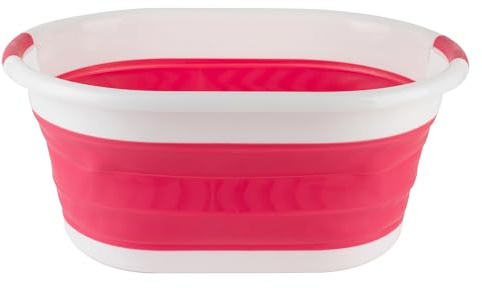 Beldray LA034816REDEU Cestello Pieghevole - Resistente, Ovale, con Manici in Plastica Durevoli, 37 Litri, Rosso, Design Salvaspazio, Cesto Portabiancheria Plastica, Bacinella Pieghevole per il Bucato