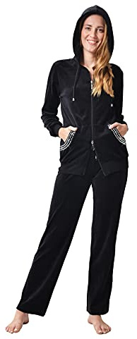 RAIKOU Damen Micro Velours Freizeitanzug Hausanzug mit Reißverschluss Nicki-Anzug Zweiteiliger Schlafanzug mit Strasssteinen (40/42, Schwarz)