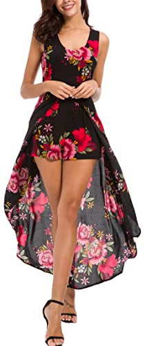 Kormei Womens Sleeveless Scoop Neck Floral Rayon Party Split Maxi Romper Dress XL Black&Red