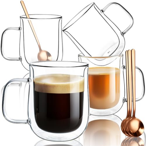4x350ml Double Walled Glass Coffee Mugs with Handles - Glass Coffee and Tea Cups with Spoons for Hot Drinks, Cappuccino, Latte