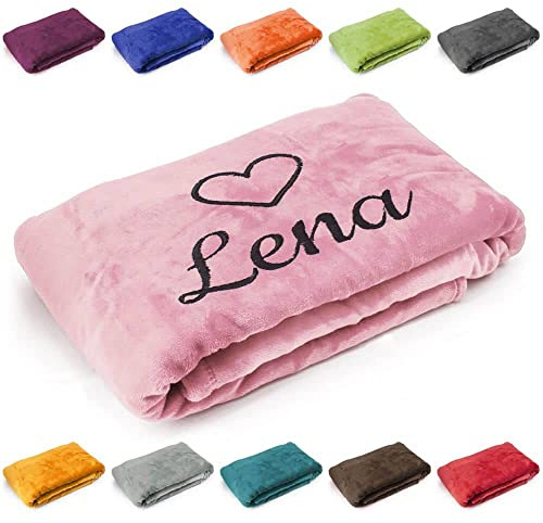 Kuscheldecke 'Herz' mit Name oder Wunschtext bestickt, Geschenk zu Valentinstag, Geburtstag, Hochzeitstag, 200cm x 150cm extra weiche und gemütliche Sofadecke/Wohndecke, hochwertiges Fleece (Babyrosa)