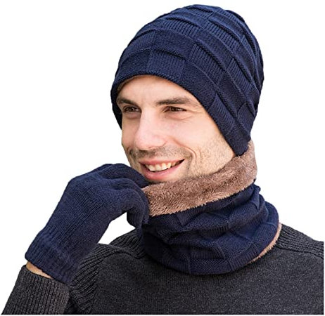 Hat Scarf Winter Men's Knitted Fleece Windproof Hat Men's Three-Piece Winter Hat Warm Gloves Knitted Hats Freezer Hat Navy