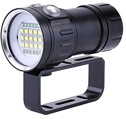 Luz de Buceo IPX8 a Prueba de Agua 18000LM 500M Granos Brillantes Submarino Submarino Buceo 80m Linterna Iluminación Lámpara Luz de Mano Video Fotografía Antorcha con Soporte de