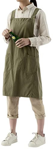 Pincy Baumwoll-Leinwand-Schürze für Damen – ohne Bindebänder, gekreuzte Rückenschürze mit Taschen, ideal für Floristen, Cafés und Küche