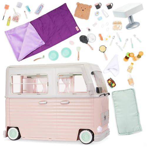 Vår generation – 58 st camper playset – leksaksfordon med elektronik – 45 cm docktillbehör – Pretend Play – barn ålder 3 & Up – RV Country Cruising | Öppen husbil med ljus och ljud, kök, badrum och matplats, 58 delar, interaktiv husbil, öppen plats, 3+ år