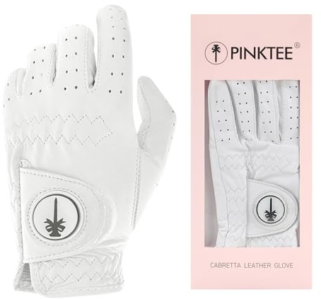 CROWNBLANKS PINKTEE Women's Golf Glove with Magnetic Ball Marker Cabretta Leather Left Hand Extra Grip Fit Ladies Girls Size Small Medium Large XL(19white)