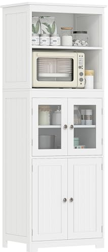 HOMCOM Credenza Cucina con 2 Ripiani Aperti e 2 Armadietti con Ante, Mobile Cucina in MDF e Vetro Temperato, 60x30x162 cm, Bianco