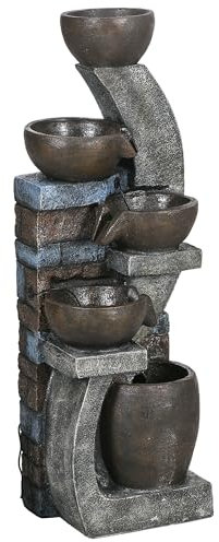 Outsunny Gartenbrunnen, Solar Springbrunnen, Zierbrunnen mit LED-Beleuchtung, 5 Stufen, Wasserbrunnen für Garten, Terrasse, Kunstharz, 37 x 35 x 107 cm