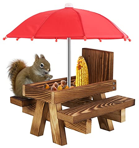 Sonhomay Comedero de ardillas de madera para exteriores, divertido mesa de alimentación para ardillas con un paraguas para jardín, patio, árbol