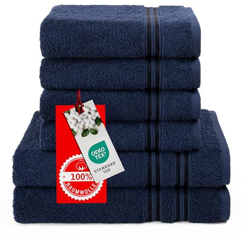Hammetex 6 teiliges Handtuch Set, 100% Baumwolle Weich Saugstark Qualität Handtücher Set, 2 Badetücher 70x140 cm, 4 Handtücher 50x100 cm, Dunkelblau