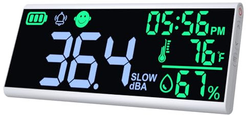 Sonómetro de Pared 130dB con Pantalla LCD de 13, Alertas Codificadas por Colores, Sensores de Temperatura y Humedad, Función de Alarma Decibelímetro para uso Doméstico, en Aulas e Industrial