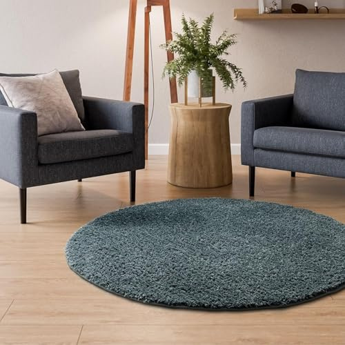 Interiyou Hochflor Teppich Sofia - 200x200 cm Rund Blau - flauschig und einfarbig - waschbar und rutschfest - weicher Langflor