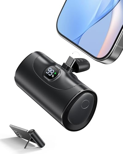 Mini Universal Bateria Externa Carga Rapida Power Bank, 5000mAh Cargador Portatil Movil con Soporte Integrado, Powerbank Conector USB-C Plegable Compatible Samsung iPhone 15/16/17 Android etc (Negro)