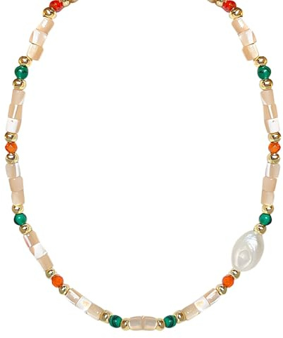 Färgglada boho-halsband för kvinnor med snäck- och sötvattenspärlor, justerbar, trendig och elegant design