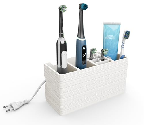 Zahnbürstenhalter mit Kabelmanagement für elektrische Zahnbürsten, versteckt Kabel, 24,3 x 9,3 x 11,5 cm, mit Kabelintegration, 4 Fächer, Wandmontage oder freistehend (weiß, 4 Fächer)