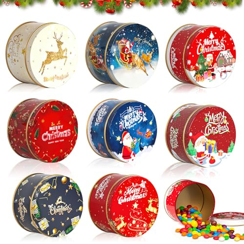 Dwafill Latas Navideñas Galletas, 8 Piezas Latas de Metal Para Galletas, Bote Navidad, Cajas de Lata Navidad Metalicas Bonitas, para Chocolate Dulces Golosinas, Redonda 7.5x 7.5 x 4.5 cm