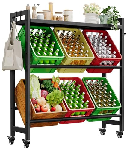 YITAHOME getränkekistenregal mit ablage 6 kisten, getränkekistenregal rollen, verstellbaren füße, Öffner, Haken, Metall regal getränkekisten für Bier, Obst, Gemüse, Wasser, getränkeregal kisten regal