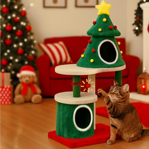 COMHOMA - Arbre à chat en design de sapin de Noël 123 cm, Arbre à chat stable avec colonnes à gratter, maison pour chats à plusieurs étages avec plateformes et balle de jeu, mobilier de chat de Noël