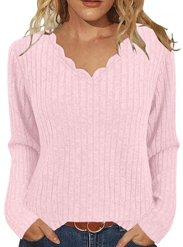 Women's Jumpers Long Sleeve V Neck Sweatshirts Knit Jumper Fall Oversized Loose Fit Pullover Tops Lightweight Soft Casual Sweater Fleece Winter Warm Blouses Solid Color Tunic Shirt Size S-XXL Pink