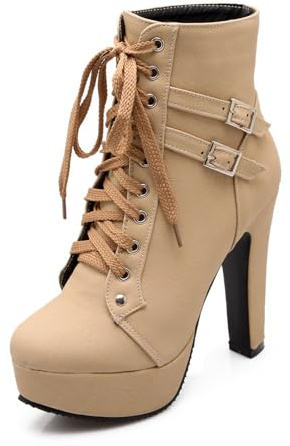 NHBEOEN Women's Leather Platform High Heel Ankle Boots with Double Buckle Sexy Round Toe Lace-up Chunky Heel Combat Booties for Party Dates Prom Dress Boots (apricot,10)