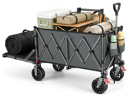 YEAUPE PRO rullvagn, vikbar i 4 riktningar med sidoöppning, 180 l 150 kg lastbar, vikbar rullvagn med parkeringsbroms och höjdjusterbart handtag för strand, camping, trädgård, olivgrön