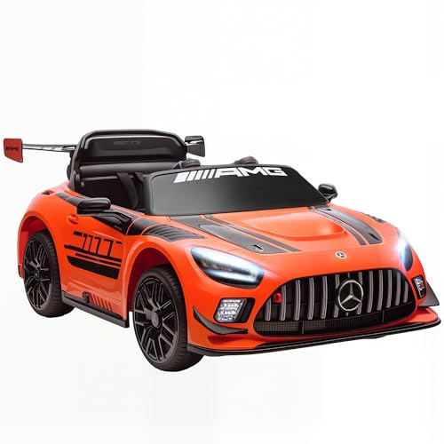 AIYAPLAY Coche Eléctrico para Niños, Mercedes-AMG GT3 EVO, Coche de Batería 12V, con Mando a Distancia 2,4 G, Motor Doble, Ruedas Auxiliares, Asa de Arrastre, Música Inalámbrica, Faros, Naranja