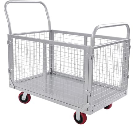 Skjutvagn, plattformsvagn, hopfällbar transportvagn med hjul, multifunktionell skjutvagn, 200 kg bärkapacitet, 4 hjul, vagnar, galler, handvagn, 100 × 60 × 94 cm