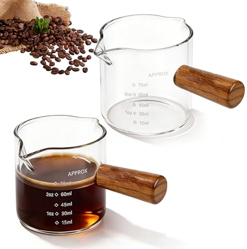 GZYYANG 2 vasos medidores de café expreso de cristal con mango de madera, 75 ml, doble vertido en forma de V, jarra de espuma de leche de cristal transparente, pequeña taza de medición de café con