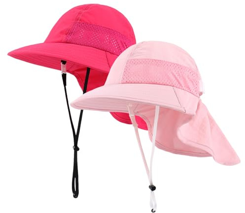 MASOCIO Baby Sun Hat Toddler Kids Girls Summer Bucket Hats Child Children Babies 2 Pcs Sunhat 1 2 Years 9 12 18 Neck Cover Protection Wide Brim Age 6-24 Months Pink Rose
