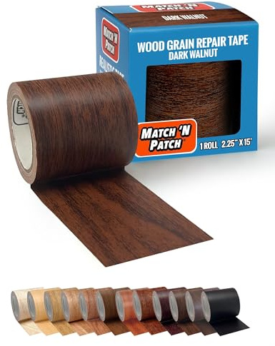 MATCH 'N PATCH Wood Grain Repair Tape - Dark Walnut, 2.25 in x 15 ft (1-Pack) – Wood Grain Colored Duct Tape for Mirror Frame, Trim, Borders, Floor and Other Furniture, Scratch Repair Kit
