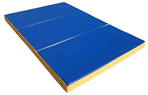 NiroSport Klappbare Turnmatte für zu Hause 8cm hohe Weichbodenmatte für Gymnastik & Yoga Kinder Sportmatte Fitnessmatte (Blau/Gelb, 150 x 100 cm