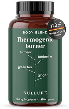 Nullure Thermogener Natürlicher I Vegan I Grüner Tee + Kurkuma + Ingwer + Berberin + Resveratrol + Knoblauch + Vitamin A + Piperin - 120 Kapseln (2 Monate)