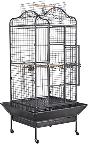 Yaheetech Extra Large Metal Bird Cage, Pet Cage for African Grey, Parakeets Cockatiels with Stand Open Play top Black