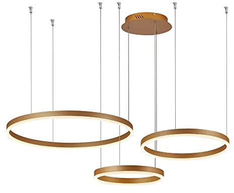 Lámpara colgante LED moderna, Aplique colgante con luz ajustable Araña de techo moderna, 86W, 2700-6500k, orientable con mando a distancia, color dorado, 3 aros 30x40x60cm
