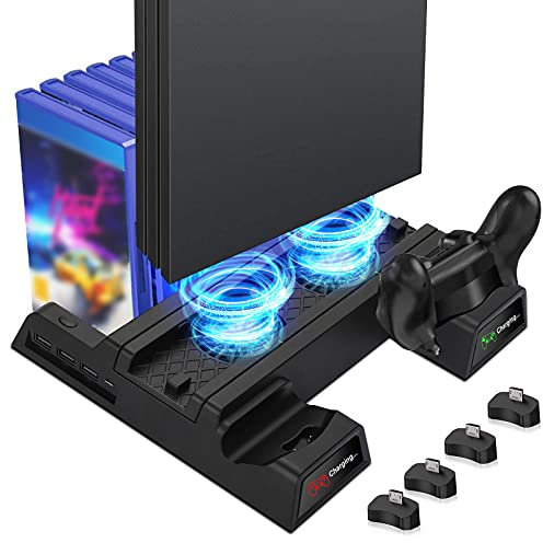 EEEKit PS4 Vertikaler Ständer Kühlung Lüfter, Vertical Stand Standfuß mit Lüfter, 2 Controller Ladesation, USB Hub, 12 Spiele Lagerung, Kompatibel mit PlayStation 4, PS4 Slim und Pro