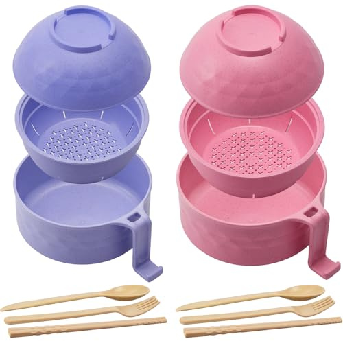 Romooa 2 Sets Microwave Ramen Bowl 40 oz Wheat Fiber Portable Instant Noodle Cooker Bowl with Handles Strainer Spoon Chopstick Fork College Dorm Room Apartment Essentials(Pink, Purple)