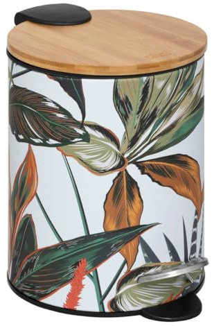 5five - Cubo de Basura con Pedal Palawan de 3 l - Diseño Tropical de Metal, Tapa de bambú, Cierre Suave - para baño e Inodoro